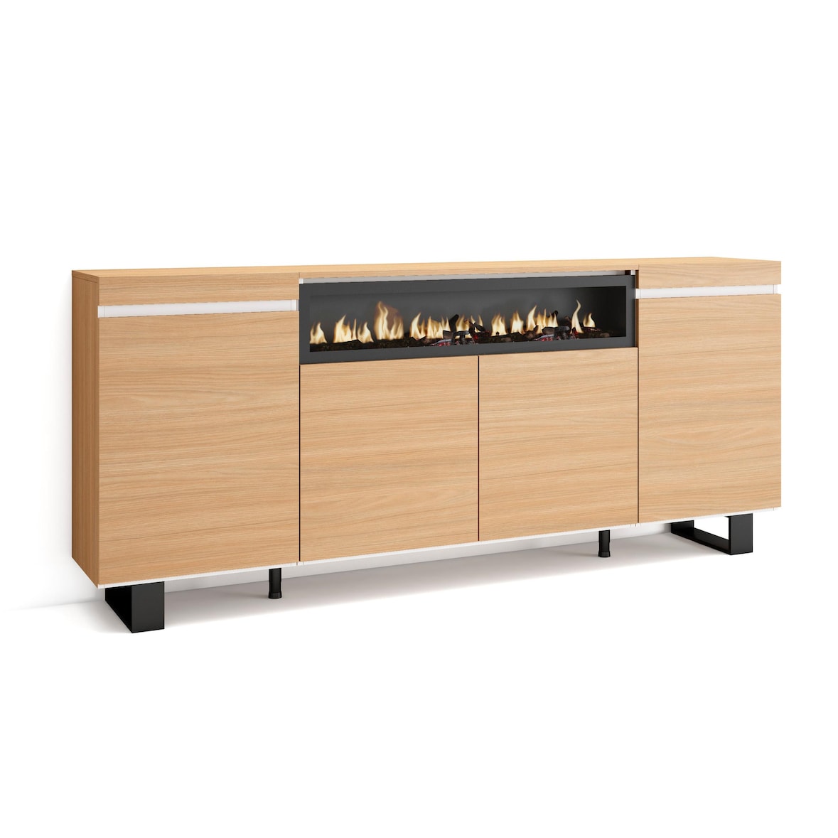 Sideboard, Highboard, 200x87x35cm, 4 Türen, Elektrokamin., Industriedesign, Eiche Soft und weiß