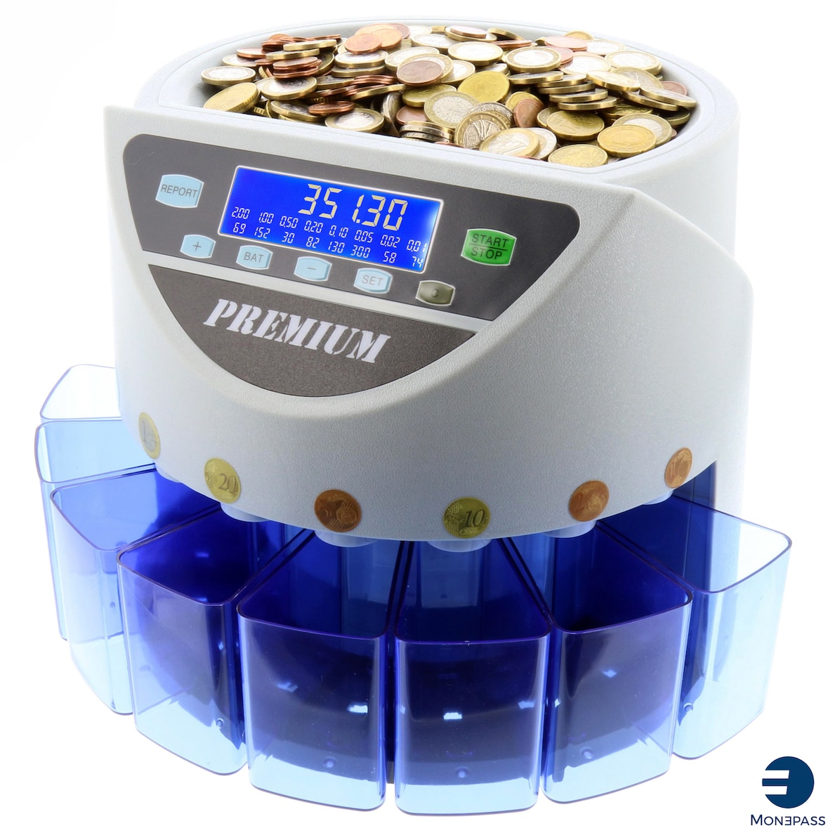 Compteuse Trieuse Valorisatrice de pièces €   MP355- Version White Blue - MONEPASS