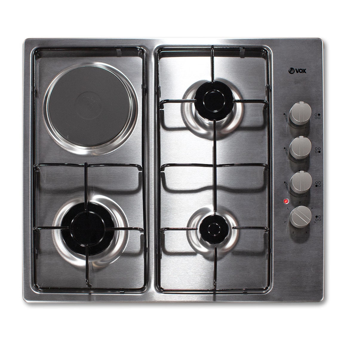 Placa mista VOX EBG310GIX; 4 queimadores; Mesa trabalho em inox; Válvulas de segurança; Arestas curvas; Kit conversão de gás incluído