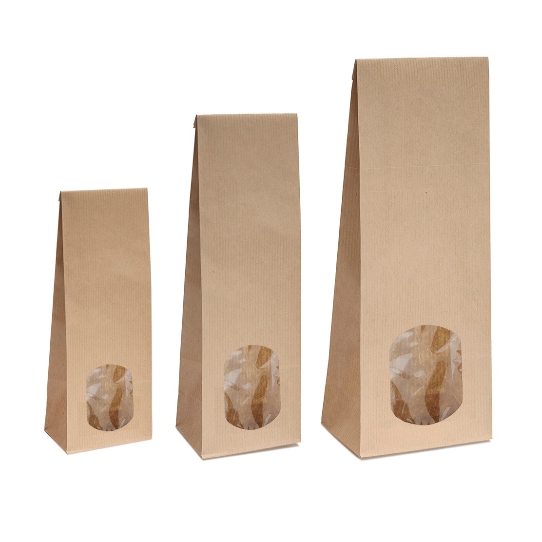 500x Blockbodenbeutel mit ovalem Sichtfenster - 100g/250g/500g - 7 x 4 x 20,5cm - Papiertüten Bodenbeutel Geschenktüte Kraftpapier (100g - ov. F.)