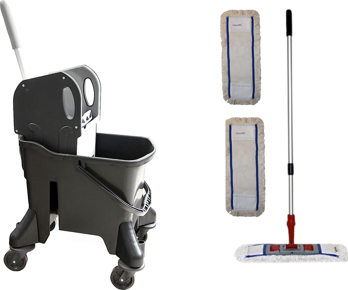 CleanSV Wischset black 40 cm - 24 Liter, Sprintus Putzeimer mit 4 Rädern gelb mit Presse, 3 Baumwollmop, Teleskppstiehl und Mophalter 40 cm