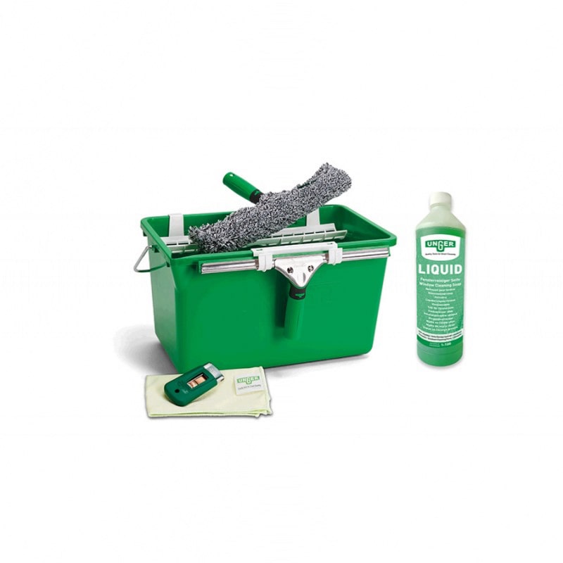Kit complet pour nettoyage de vitres ERGOTEC 6 en 1 - Mouilleur, raclette, seau, bidon, grattoir et chiffon - UNGER