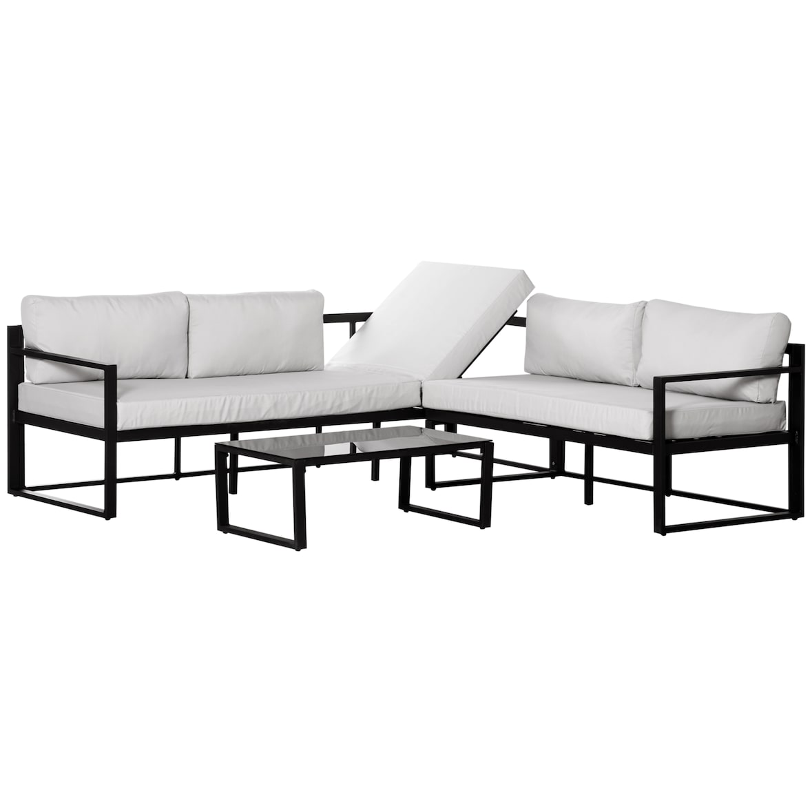 Outsunny Conjunto de Muebles de Jardín 3 Piezas de Aluminio con Mesa de Vidrio Sofá de 5 Plazas con Respaldo Ajustable Cojines Extraíbles 212x70x64 cm