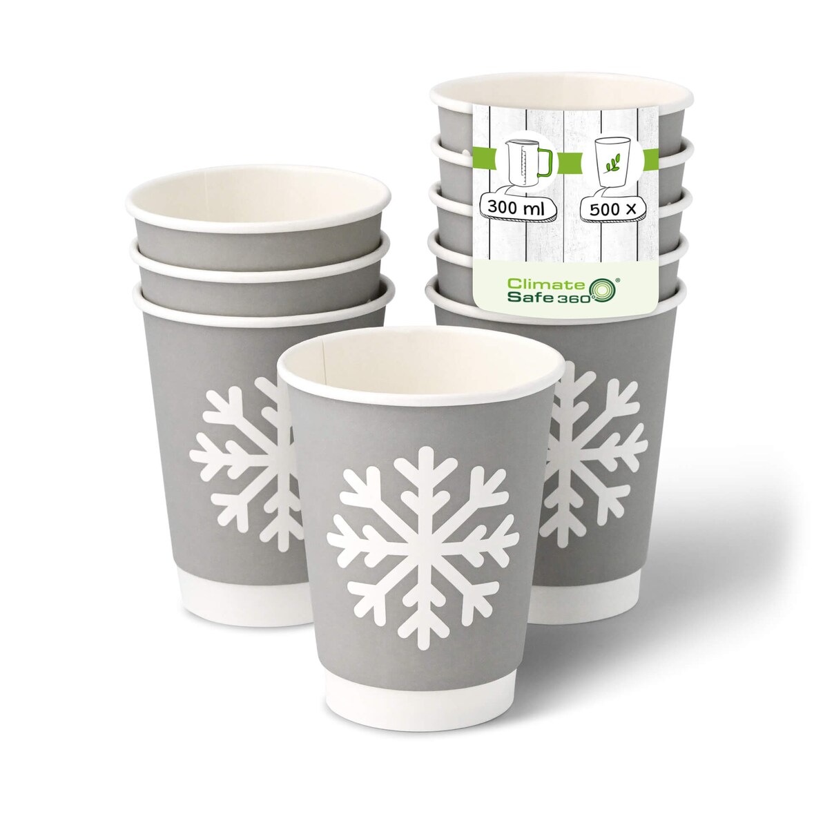 greenbox - Pappbecher doppelwandig Winter "Schneeflocke", 300 ml / 12 oz, Ø 90 mm, grau, 500 St.