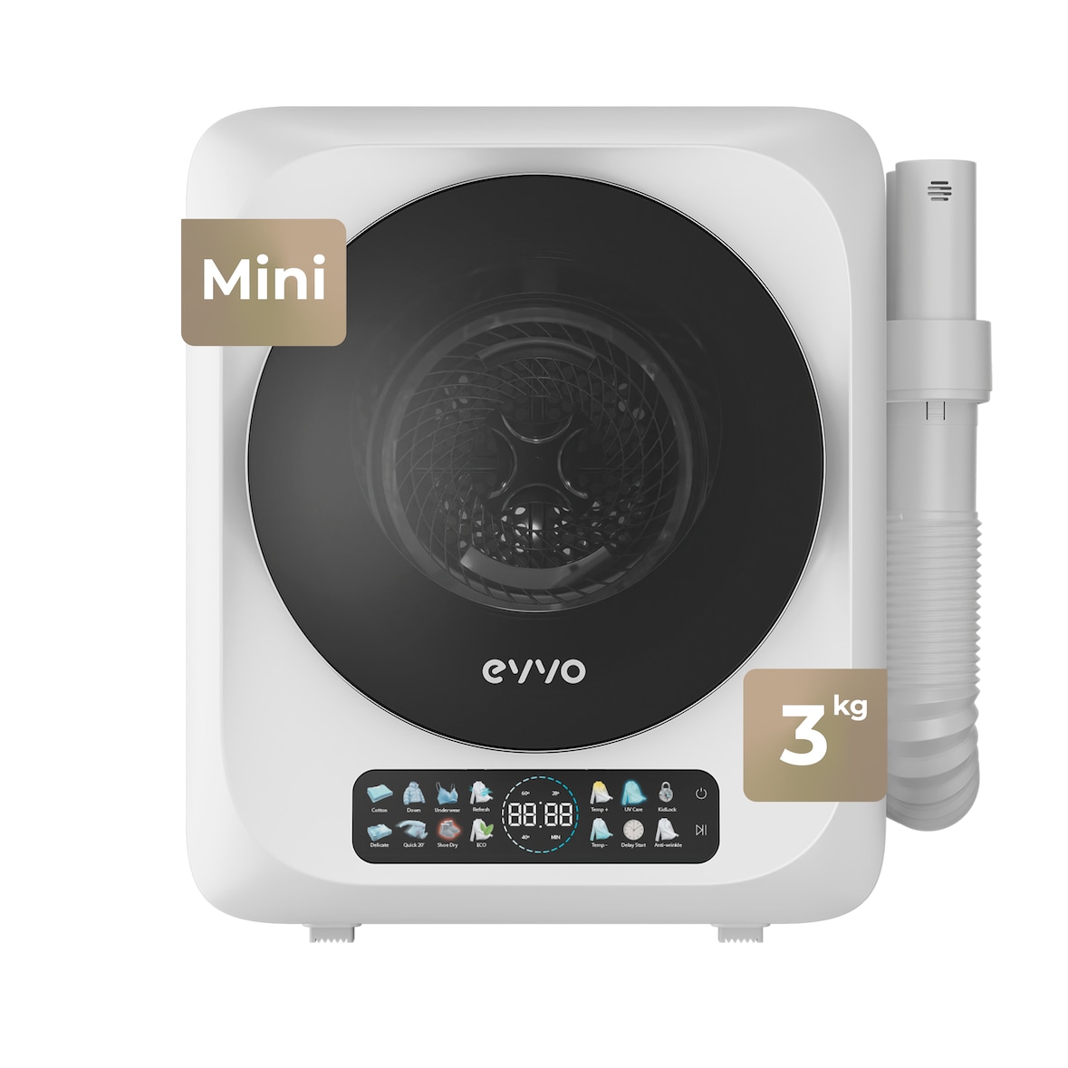 EVVO Secadora Mini S4 Plus – Secadora de Ropa Portátil 3 Kg, Diseño Mini , Panel Táctil, Higiene UV, Función Antiarrugas, Accesorio para Calzado