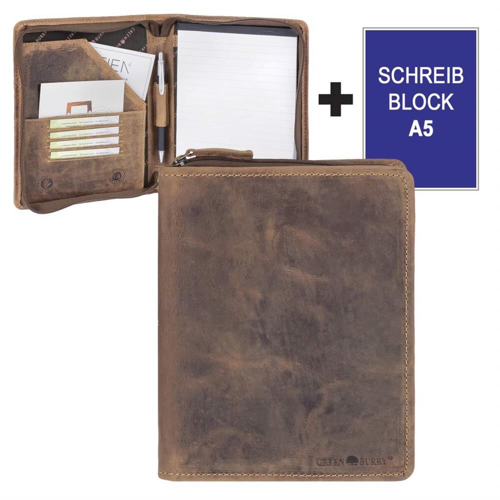 Greenburry Schreibmappe A5 Leder braun mit Reißverschluss Handwerkermappe Notizmappe (antik Look) inkl. Briefblock 1633-25-S
