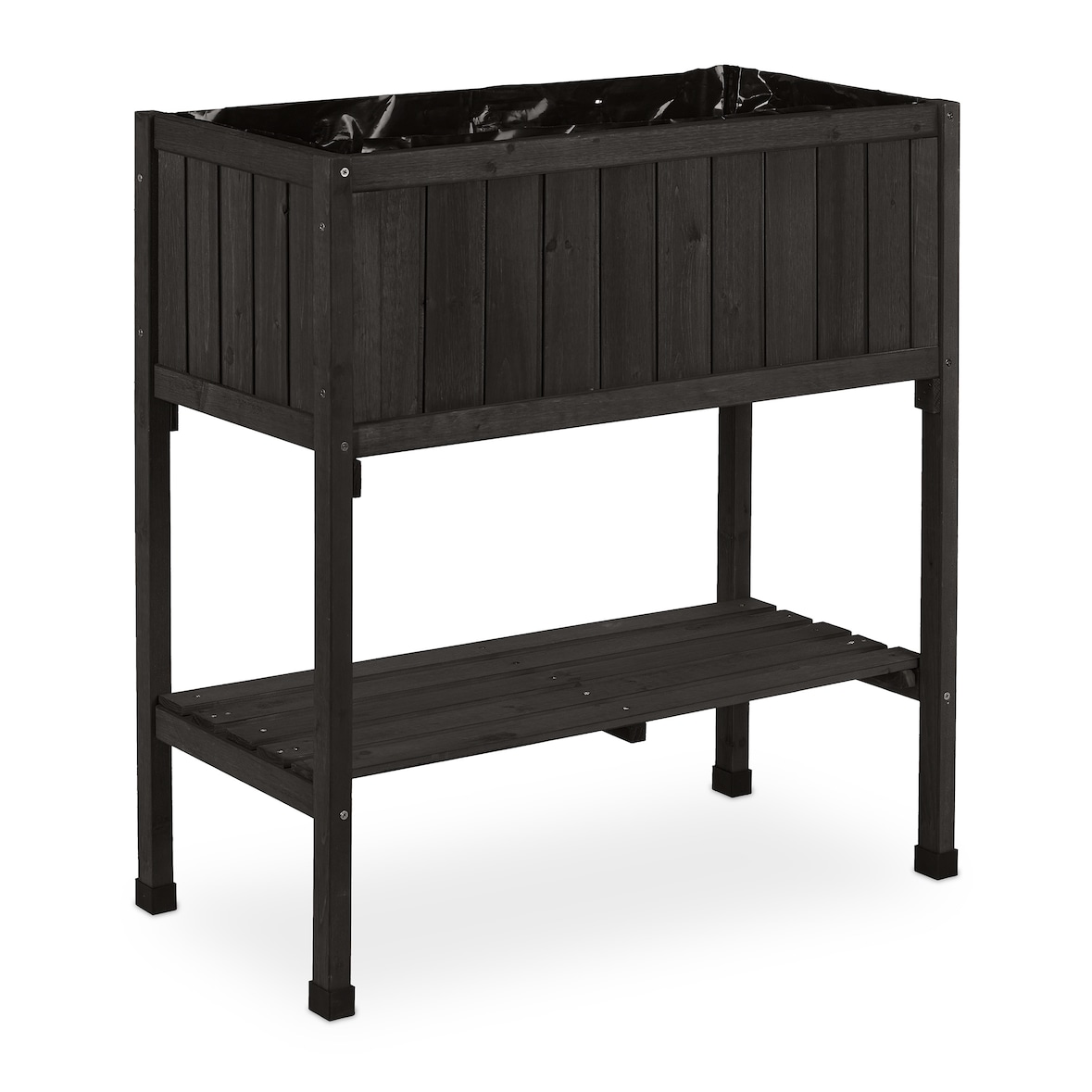 Relaxdays Hochbeet, Folie, Ablage, HxBxT: 80 x 74 x 38 cm, Garten, Balkon & Terrasse, Pflanztisch, Tannenholz, schwarz