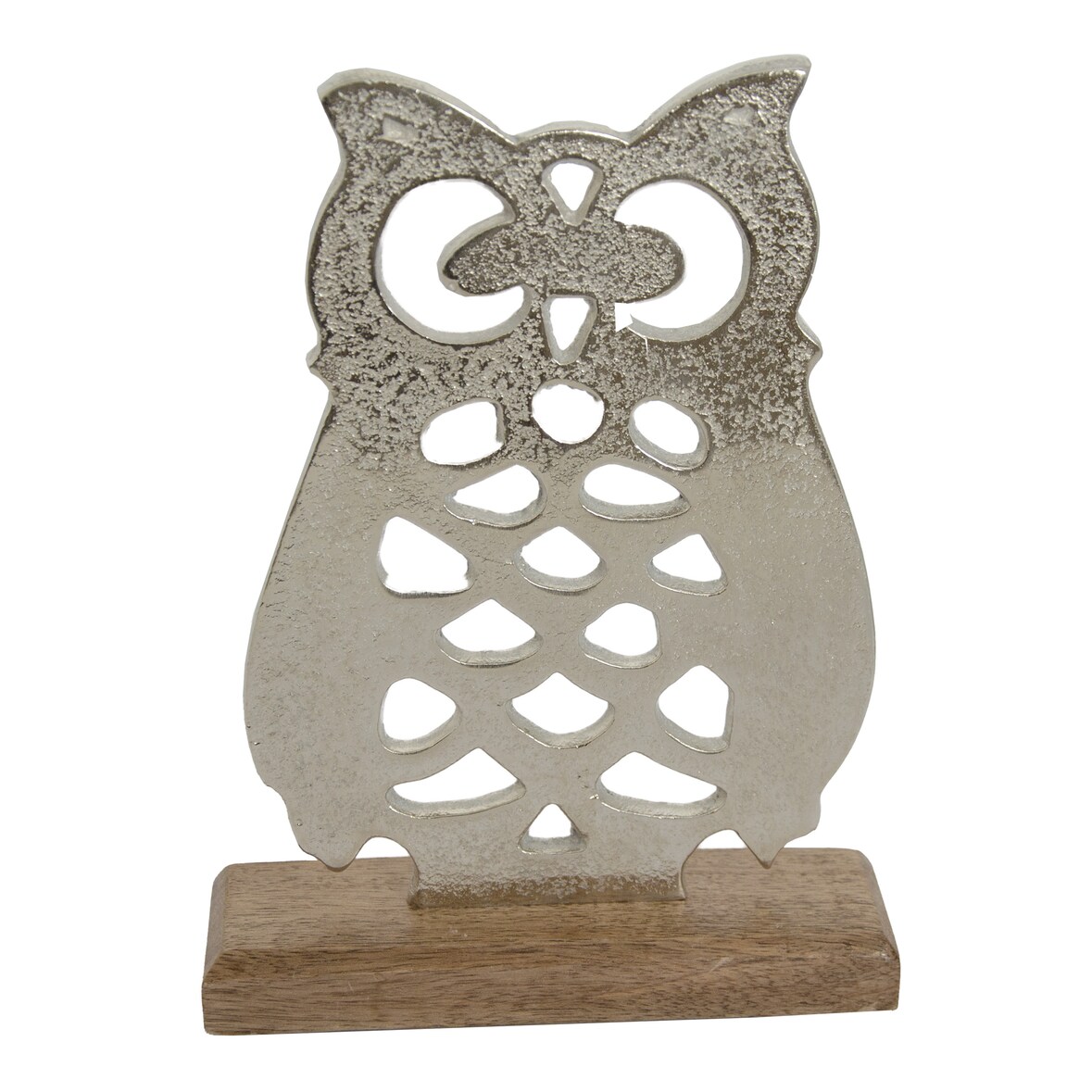 Deko Eule aus Aluminium mit Holzsockel H 25 cm