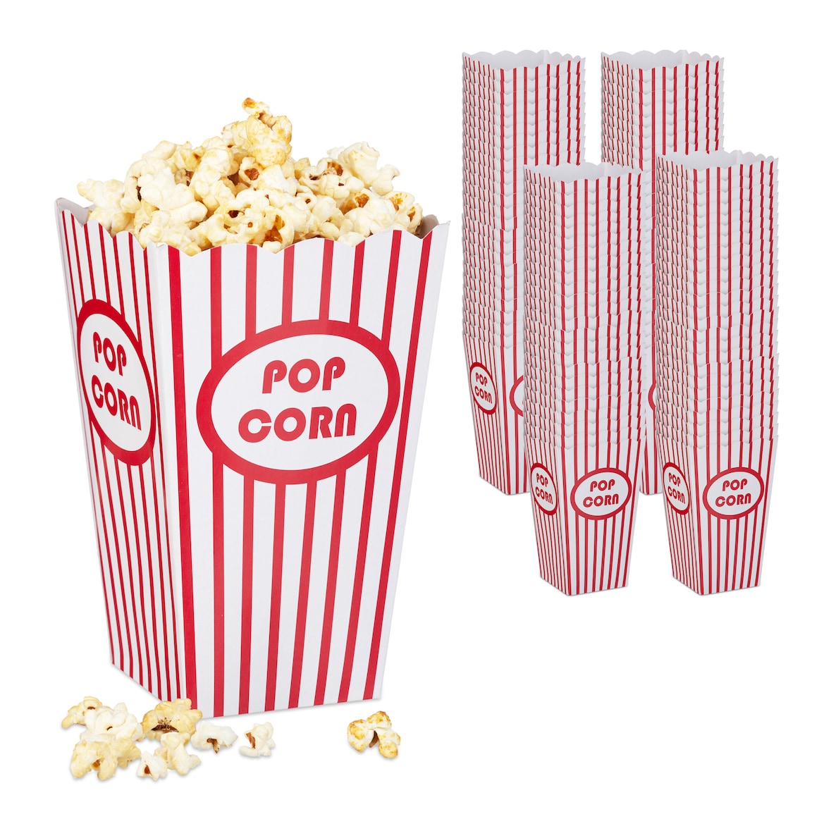 Relaxdays Popcorntüten, 100er Set, gestreift, Retro-Optik, Kino, Filmabend Zubehör, Pappe, Popcornbehälter, rot/weiß