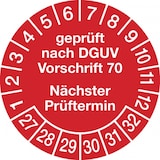 thumbnail of Prüfplaketten ab 27, DGUV Vorschrift 70 Nächster Prüftermin, rot/weiß, Folie, Ø 30 mm - Bogen = 10 Stk. - 30 mm Folie selbstklebend