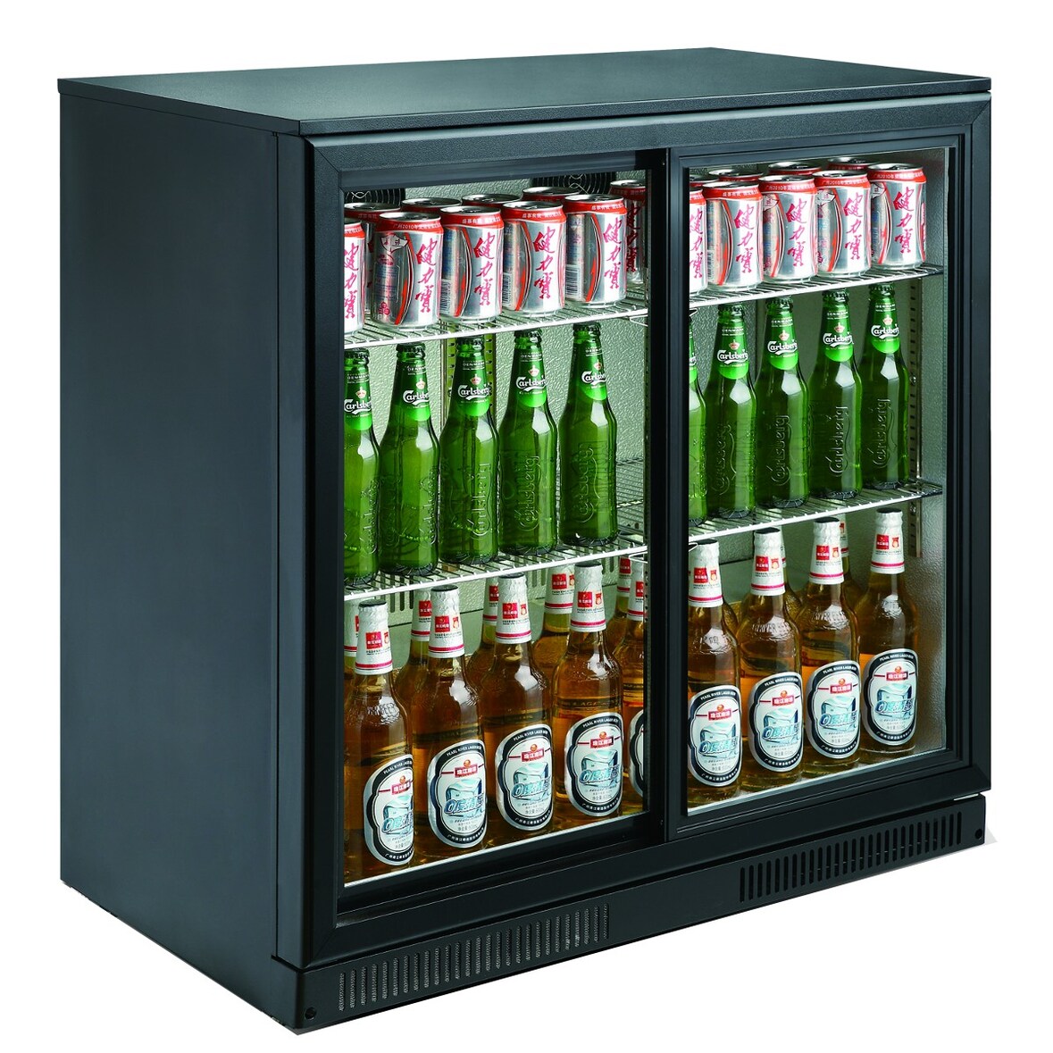 Barkühlschrank STERLET | 2x Glasschiebetür + LED | 198 Liter, HxBxT 90x90x50cm | 0/+10°C | Schwarz | + CHEFGASTRO Geschirrtuch