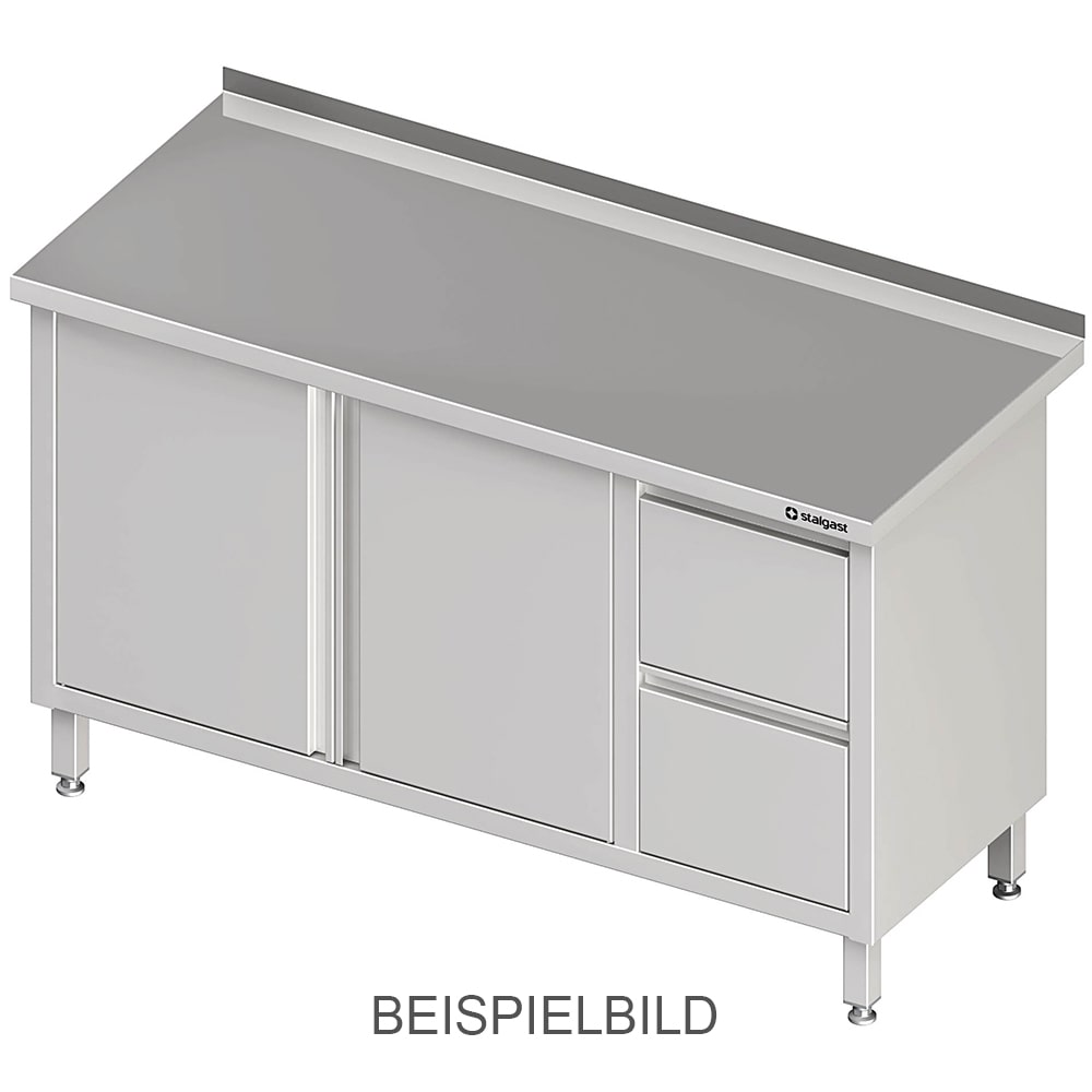 Stalgast Edelstahl Arbeitsschrank mit Flügeltüren, 1600x700x850 mm, mit 2er Schubladenblock links, mit Aufkantung, verschweißt