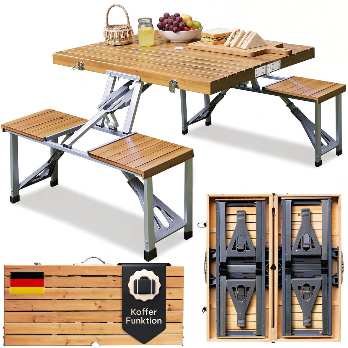 CASARIA® Campingtisch Klappbar mit Stühlen Schirmständer Camping Klapptisch Alu Holz