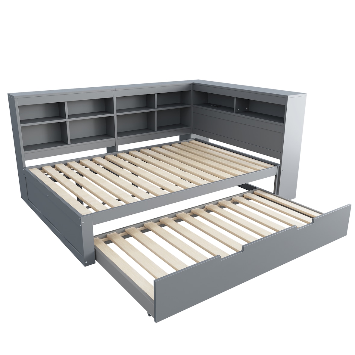 Schlafsofa 140x200 cm aus Massivholz mit USB-Steckdose und Stauraum – Multifunktionales Design in Grau für zimmer