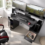 thumbnail of Dmora Scrivania Manos, Scrittoio multifunzione moderno da gaming, Tavolo da studio porta PC e porta CD, 154x69h98 cm, Antracite, senza luci LED