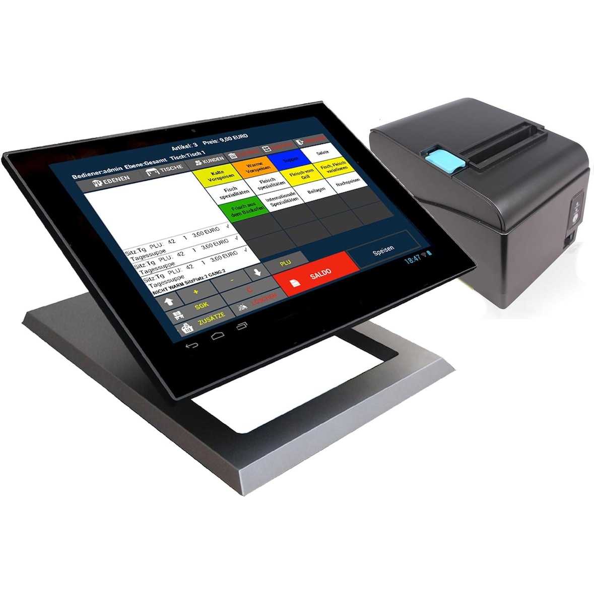 13,3" Kasse für GASTRONOMIE (Restaurand, Biergarten usw.): Touchscreen Terminal, Bondrucker
