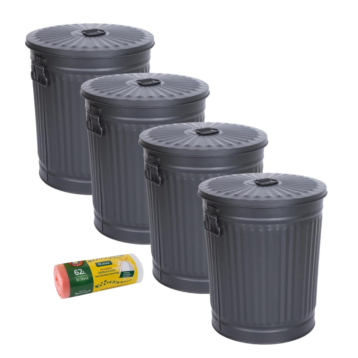 Jinfa 4er-Set Retrodesign Mülleimer mit Griffen und Deckel + 30 Müllbeutel | schwarz | 62L