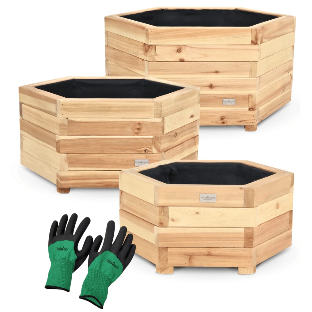 3er Set Pflanzkasten Holz 6-eckig MICHA - Inkl. Vlies und Handschuhe | Pflanzkübel Tannenholz Blumenkasten Blumenkübel Blumentopf Terrasse