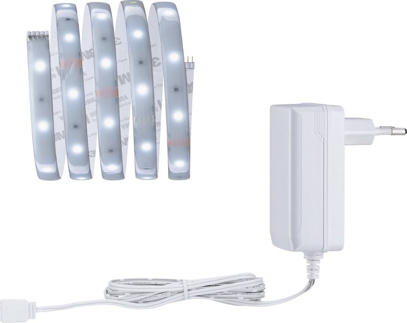 Ein weißes LED-Lichtband mit Netzteil.