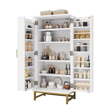 Merax keukenkast 60x40x130 cm, witte voorraadkast met gouden grepen, verstelbare planken en deurvakken