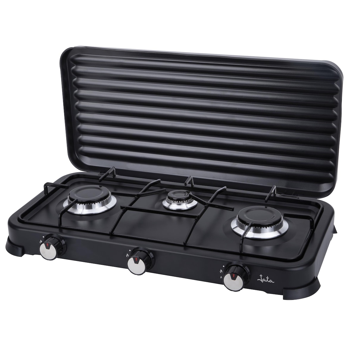 JATA JECG2703 - Cocina de gas portátil de 3 fuegos con parrilla. Para butano y propano. apa protectora extraíble. Ideal para camping. Poco espacio