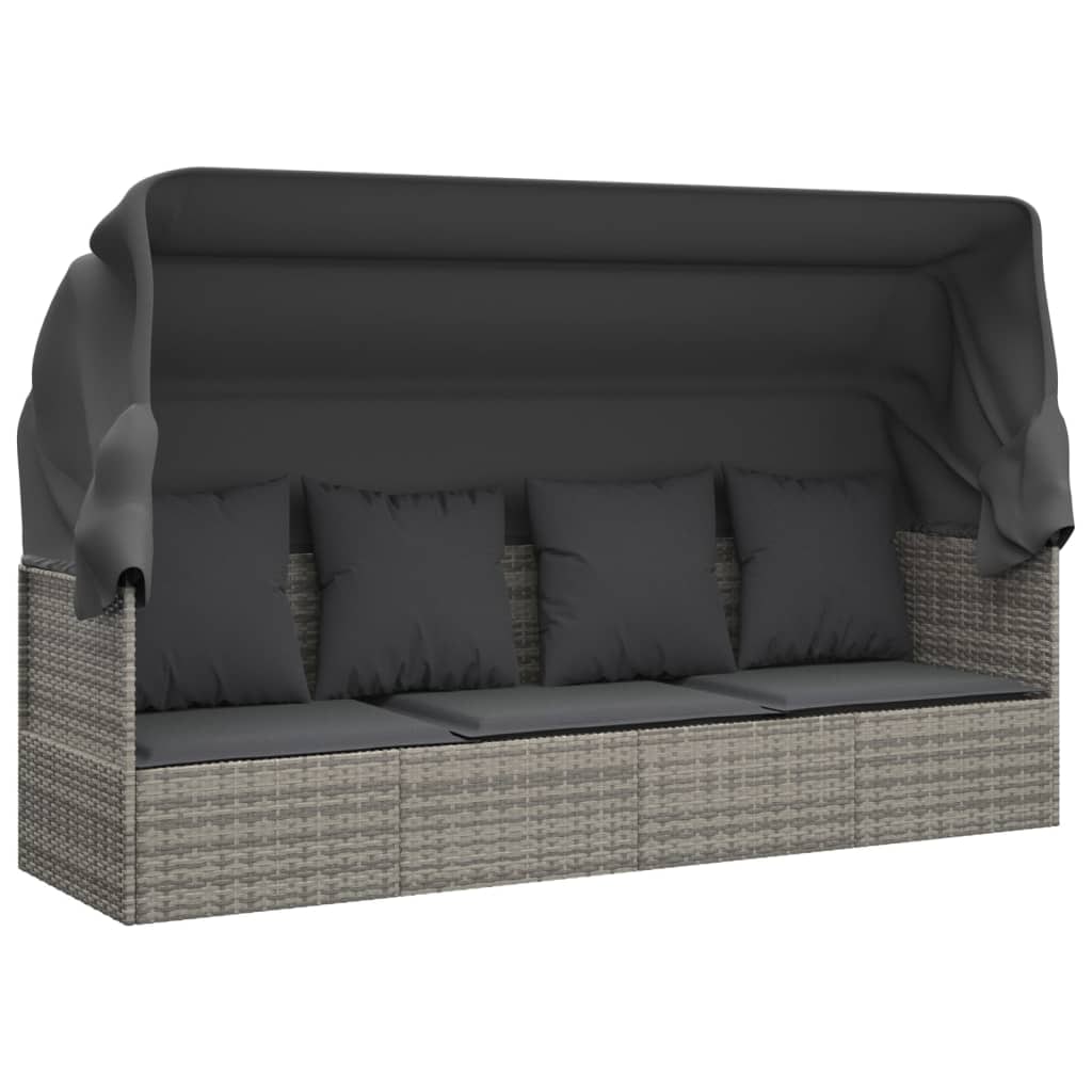 Helloshop26 - Cama lounge de exterior con techo y cojines de resina tejida en gris 02_0012020
