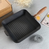 thumbnail of Grelha em ferro fundido com cabo de madeira - 28 x 28 x 4 cm - Panela em ferro fundido para todas as fontes de calor - Sem PFAS - Preto