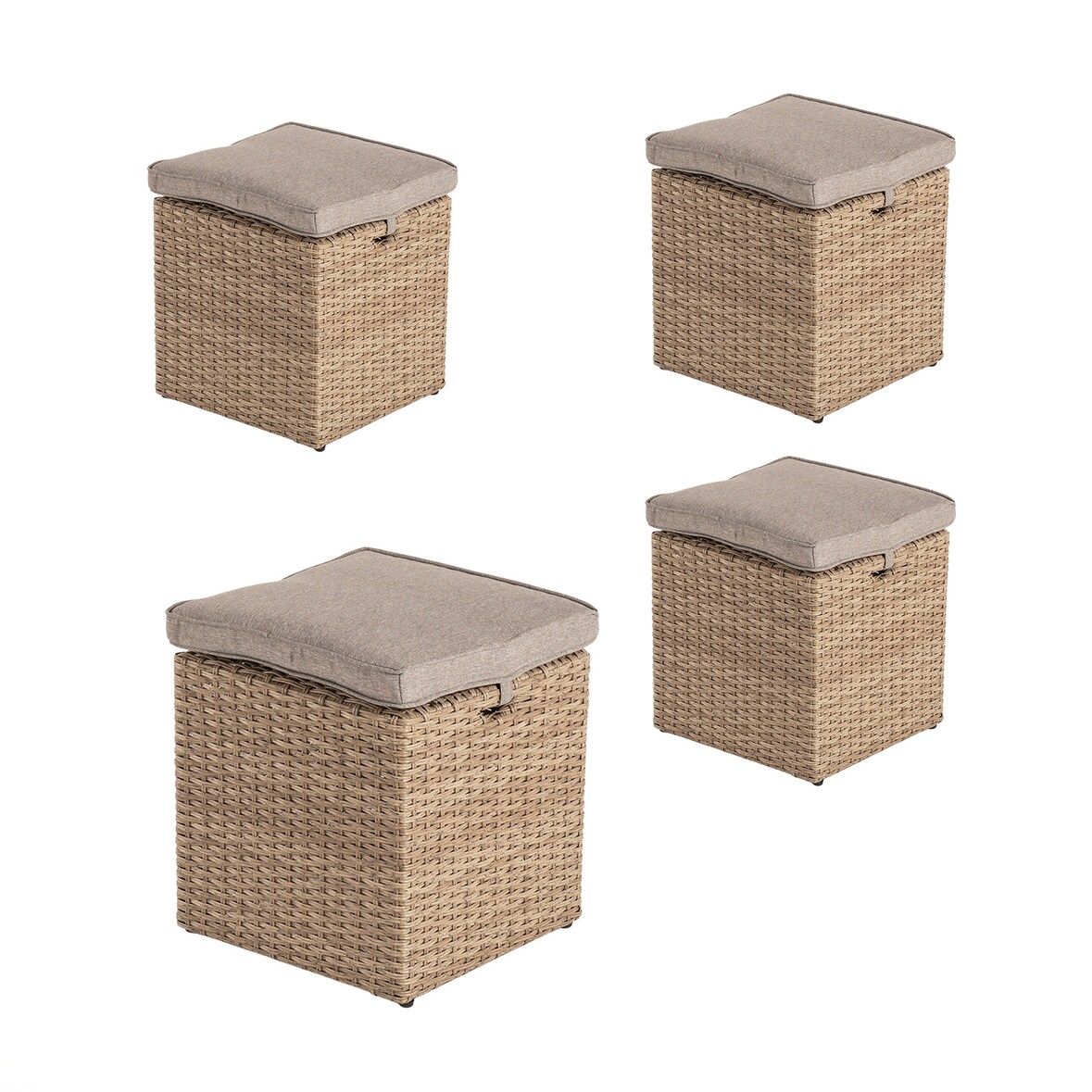 Pacote 4 unidades - Puff para terraço de rattan sintético cor natural e almofada removível incluída - Tamanho: 40x40x49 cm
