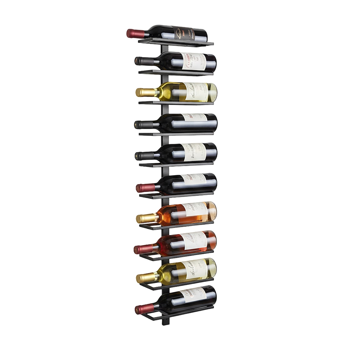 Relaxdays Weinregal Wand, 10 Flaschen, Metall, HxBxT: 116,5 x 27 x 10 cm, Wein Wandregal, Weinflaschenregal, schwarz