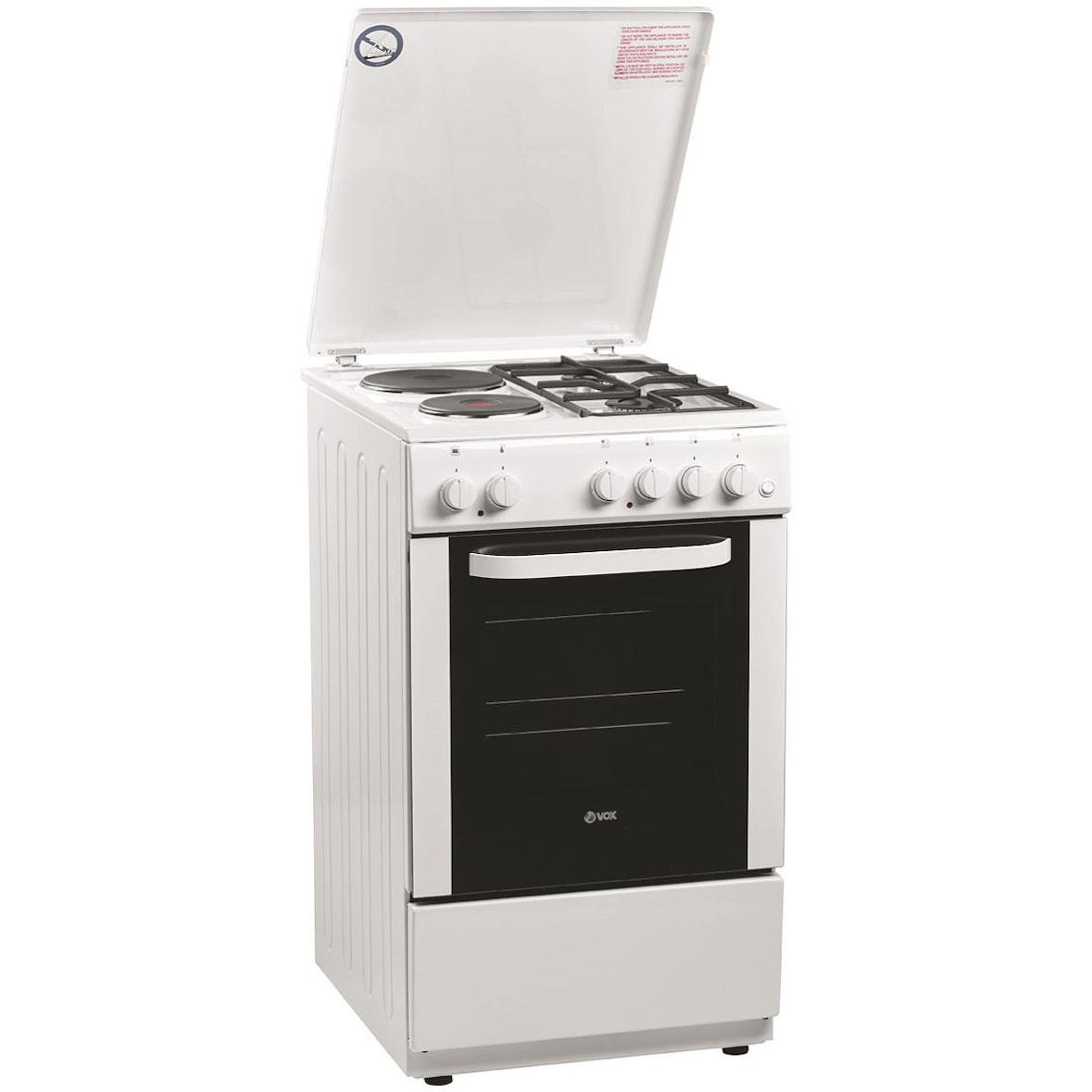 Fogão Misto VOX GHB522; Classe Energética A; Capacidade 55L; 2 discos elétricos 1500W; Forno 2000W + grill; 2 queimadores a gás 1750W + 3000W