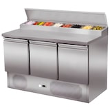 thumbnail of Mesa de preparación refrigerada SKYRAINBOW de acero inoxidable 3 puertas 260 litros 1365x700mm. Mesa fría bajo mostrador de restaurante y hostelería.