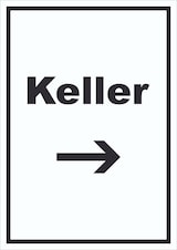 thumbnail of Keller Schild mit Text und Richtungspfeil rechts hochkant A6 Rückseite selbstklebend