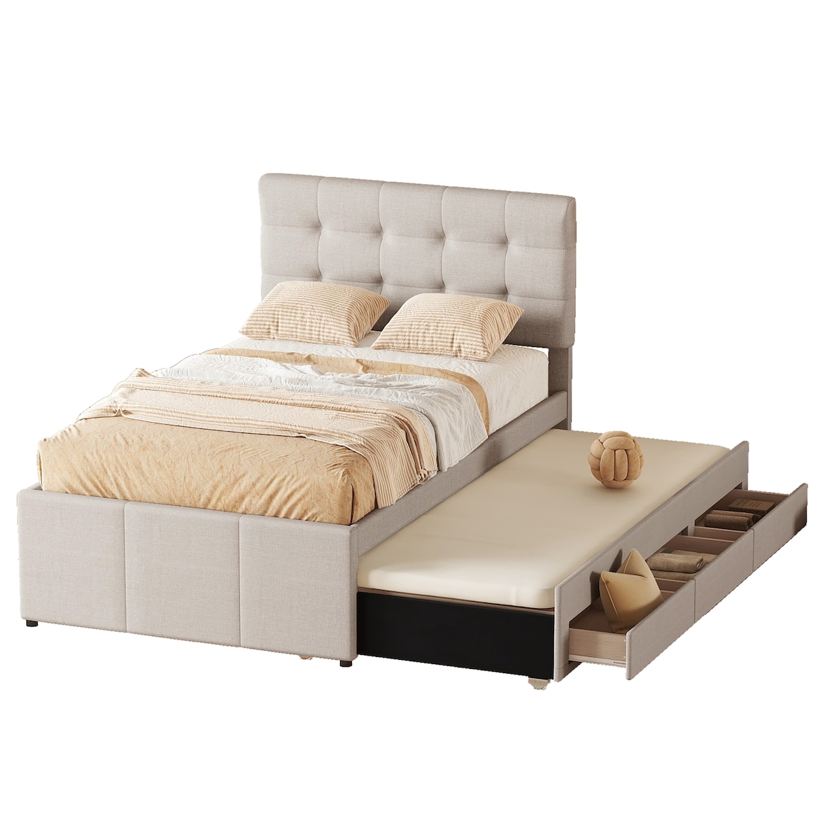 Merax Polsterbett, Doppelbett, Familienbett, mit drei Schubladen, ausziehbares Bett, Verstellbares Kopfteil, Beige, 90x200cm