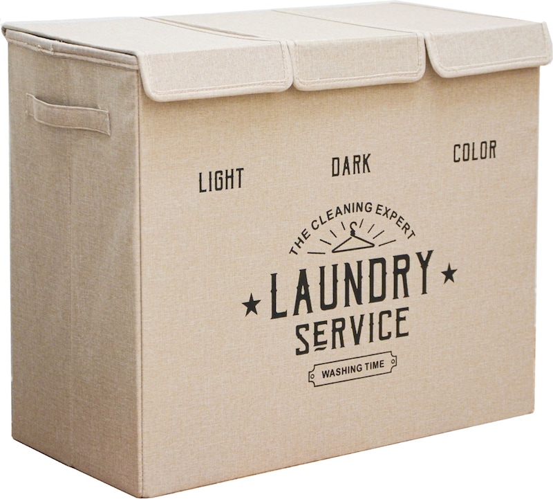 Wäschekorb 3 Fächer - 84L Wäschesammler Beige mit Deckel - Wäsche Organizer Bad