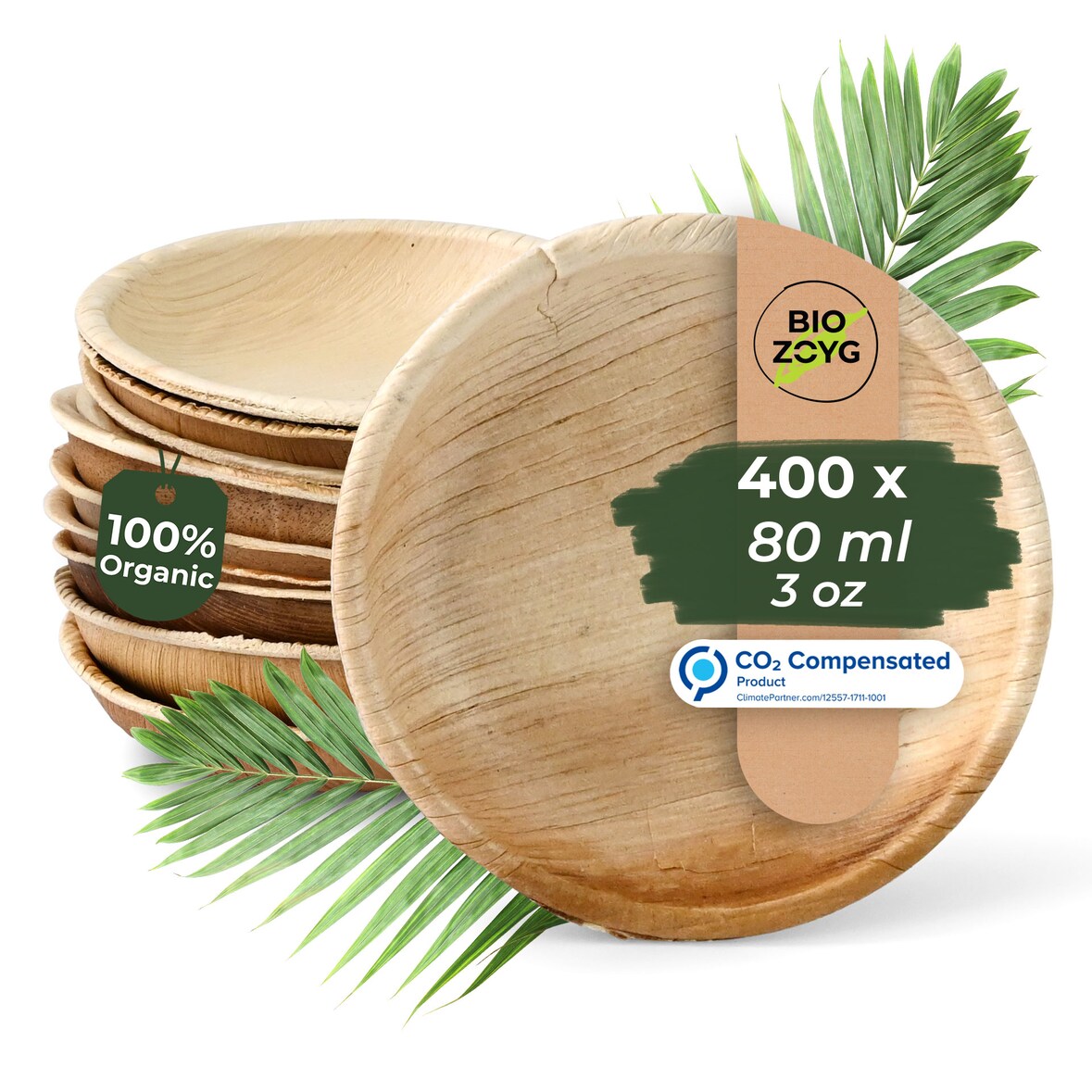 BIOZOYG 400 Stück Dipschälchen 80ml rund Einwegschälchen Palmblattschälchen Snackschälchen, kompostierbar, ideal für Fingerfood und Snacks