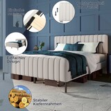 thumbnail of Polsterbett 180x200 mit höhenverstellbarem Kopfteil, Kiefernholzlatten, Stauraum, komfortabler Leinenbezug, stabiles modernes Schlafzimmer Grau-Beige