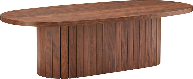 Une table ovale en bois avec des éléments verticaux en bois.
