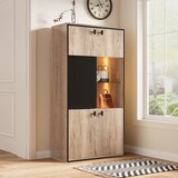 thumbnail of Merax Mehrzweckschrank mit LED, Highboard in Holzoptik, Doppel- & Schiebetüren, offenes Regal und Fächer, 78 x 36 x 150 cm, Natur