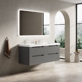 thumbnail of Badezimmer-Waschtisch 120x46x53 Doppelbecken Kunststein Sperrholz Schubladen Soft-Close Stauraum Modern Dunkelgrau+Holzmaserung