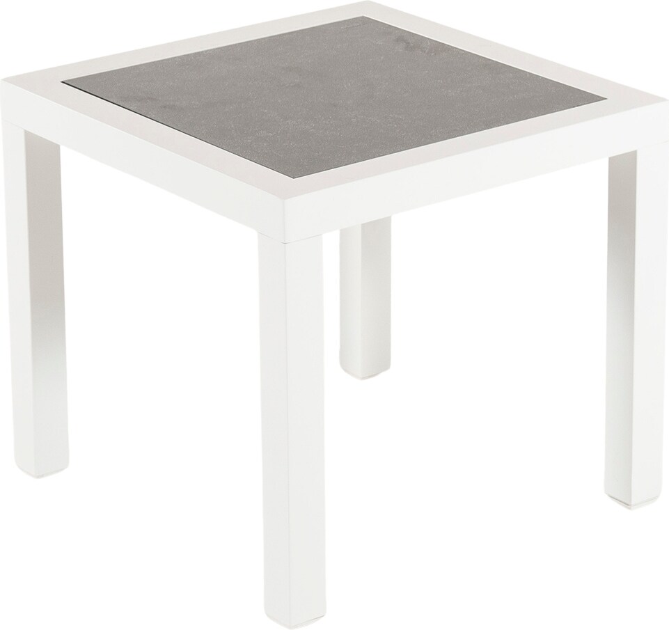 Mesa auxiliar de jardín, Tamaño: 50x50x45 cm, Aluminio reforzado color blanco, Tablero de cristal templado estilo cerámica