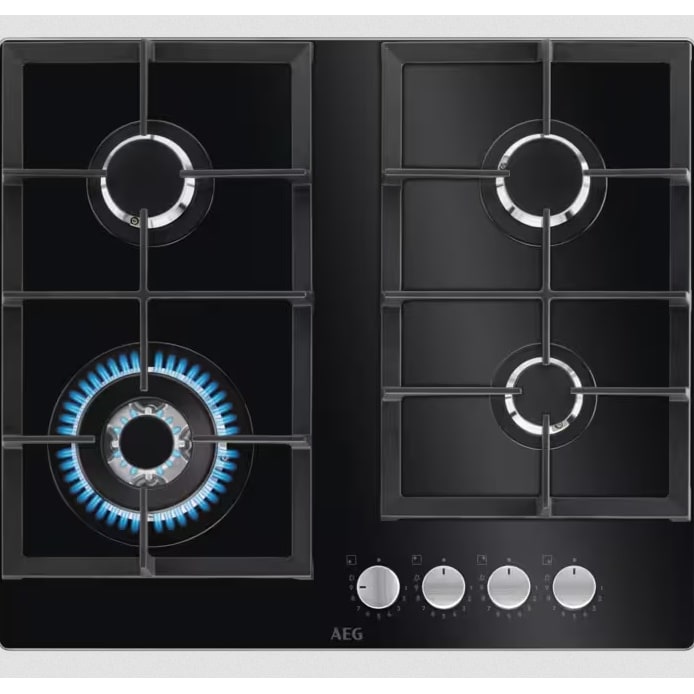 AEG Autarkes Kochfeld / Gas 6000 Gas on Glass / Knebel-Bedienung / 60 cm / Aufliegend / 4 Kochzonen / WOK-Kochzone HKB64420NB