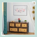 thumbnail of Relaxdays Kommode, 5 Schubladen, Rattanoptik, Flur, Schlafzimmer, HBT 54,5x100x32,5 cm, Sideboard, Metall, braun/schwarz
