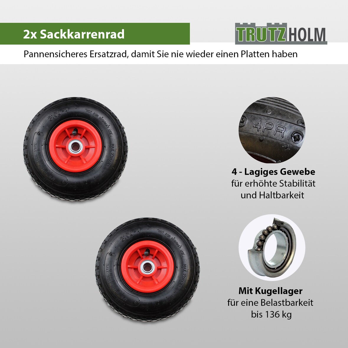 2x Sackkarrenrad Luftrad 260x85 mm 3.00-4 60 mm versetze Nabe Ø 20 mm rot robustes 4 PR Gewebe