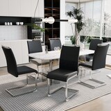 thumbnail of Esszimmerstuhl Schwarz 95x48x42 cm mit ergonomischer hoher Rückenlehne, PU Kunstleder + Leinen Bezug, gepolsterter Sitz, Metallgestell, bodenschonend