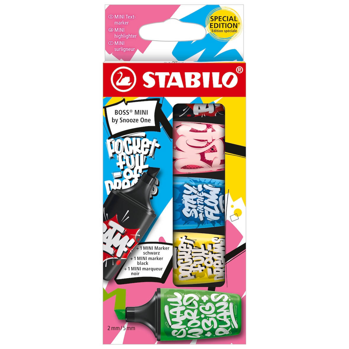 STABILO 5 mini surligneurs BOSS MINI by Snooze One - vert + jaune + bleu + rose + noir