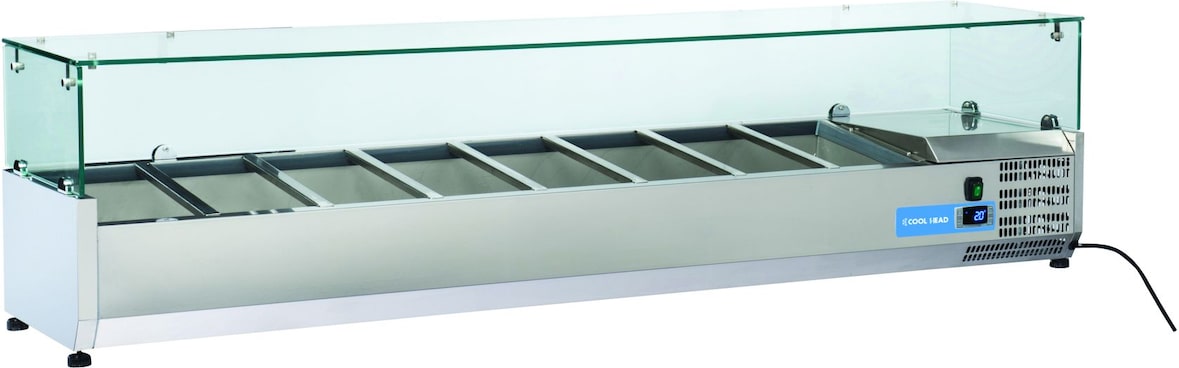 Edelstahl-Kühlvitrine für 8 GN1/3 Tabletts. Abmessungen 180x39.5x44h cm. Temperatur +2°C/+8°C. Kühlkopf VRX 18/38
