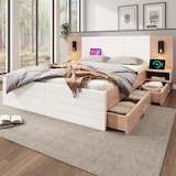 thumbnail of Doppelbett 180x200 mit 2 Schubladen, Kopfteil Leselicht USB Ladefunktion, 2 Nachtkommoden, Massivholz MDF, Stauraum, Eiche Weiß