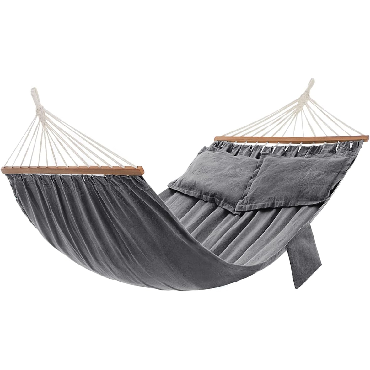 Hängematte 210 x 150 cm, mit 2 Holzstangen, mit 2 Kissen, 380g/m², bis 300 kg belastbar, Transportbeutel, grau