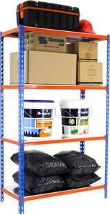 thumbnail of SimonRack Estantería Metálica, 1500x1200x400 mm, 4 Alturas, Bandeja Metal, 200 kg de Punto Flexión, Azul/Naranja/Galva - Simonclick