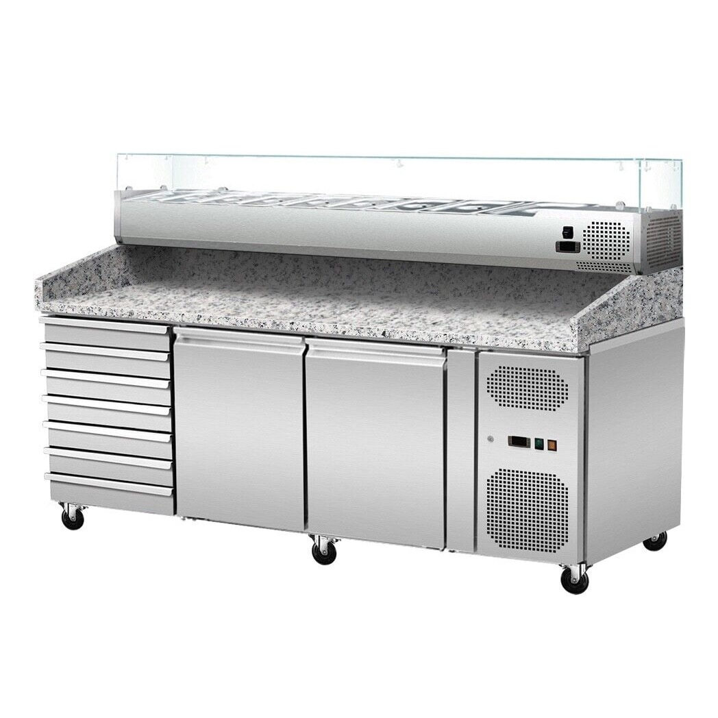Gastro Pizzakühltisch mit Kühlausatzvitrine Saladette Kühltisch 390 Liter Edelstahl